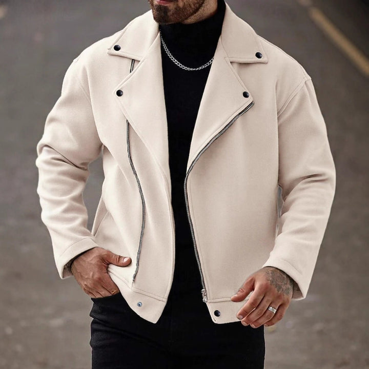 Herren Oversized Bikerjacke aus Wollmix mit asymmetrischem Reißverschluss und Druckknopf-Details – Taviero