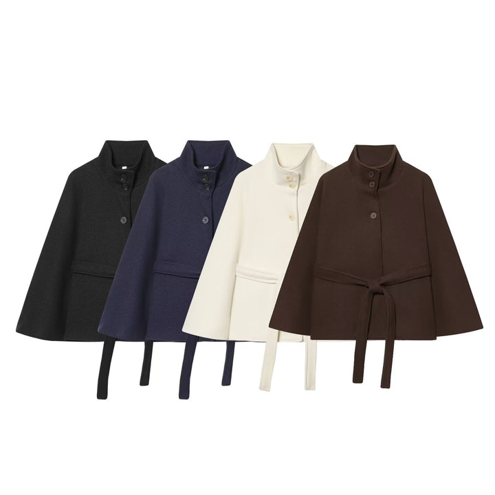 Damen Kurzes Cape-Mantel mit Stehkragen, Knopfleiste und Bindegürtel Echo Archiv