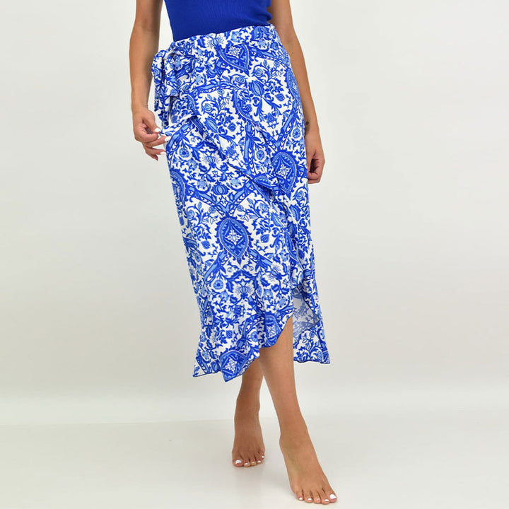 Damen Wickel-Midirock mit ornamentalem Print, Bindegürtel & Volantsaum Echoarchiv