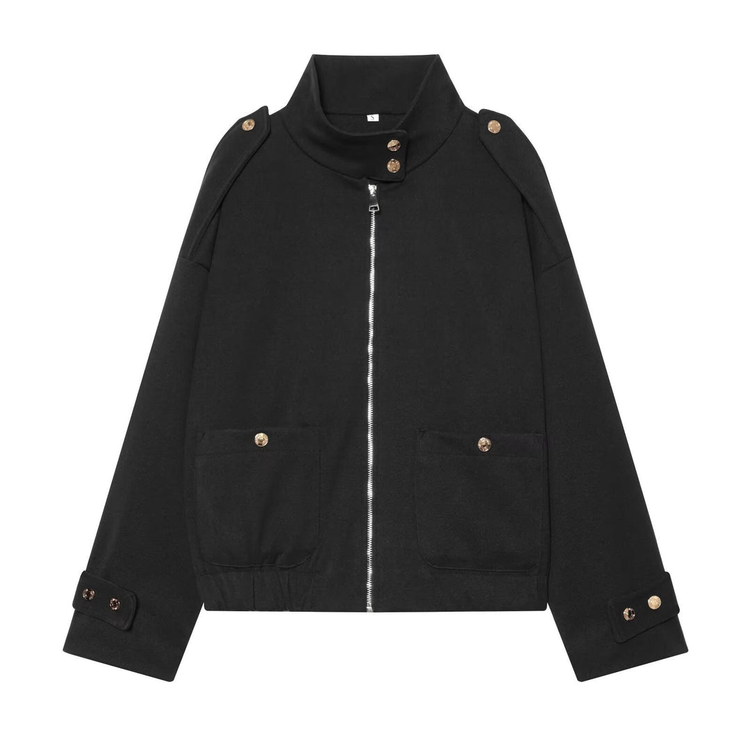 Damen Cropped Utility-Jacke mit hochgeschlossenem Kragen, Schulterklappen und aufgesetzten Pattentaschen Echoarchiv
