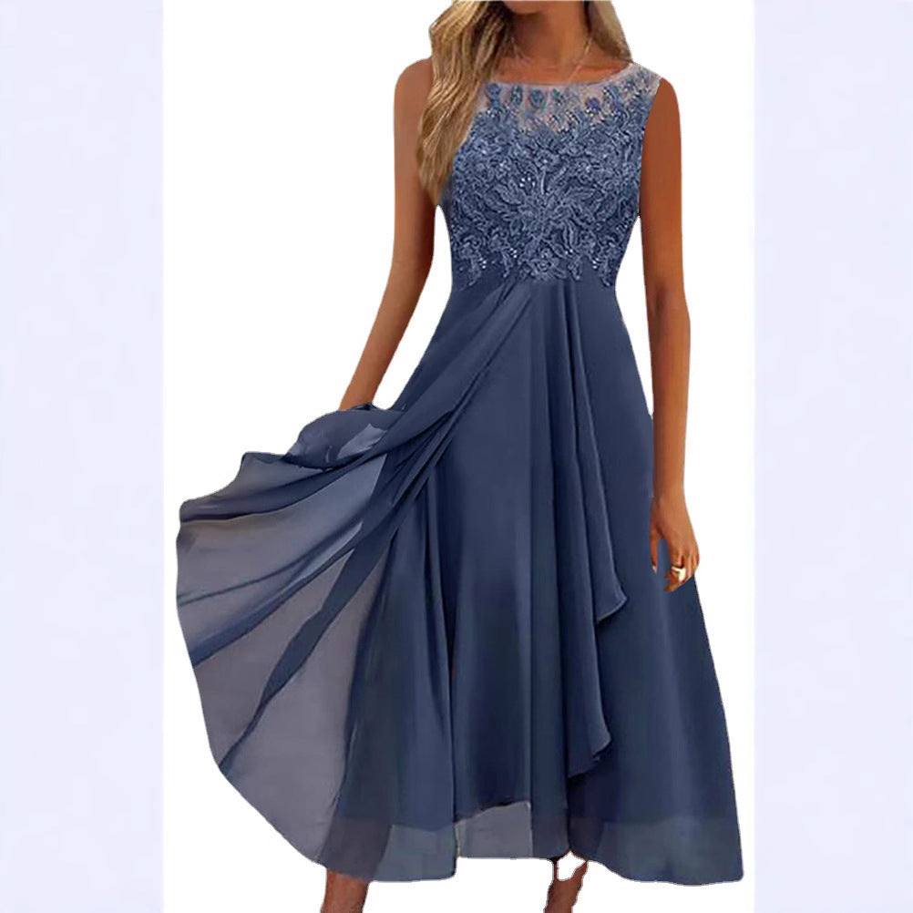 Damen nan ärmelloses Chiffon-Midikleid mit bestickter Illusionsspitze, Schiff-Ausschnitt und mehrlagigem Schwingrock Echoarchiv