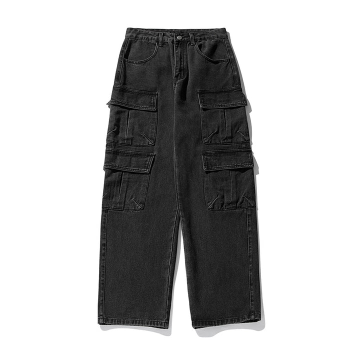 Unisex weite Cargo-Jeanshose mit hoher Taille, mehreren Klappentaschen und geradem Bein Echo Archiv