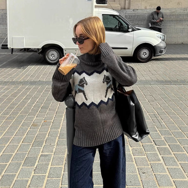 Damen Oversize-Rollkragenpullover mit Norweger-Intarsien und gerippten Bündchen Echoarchiv