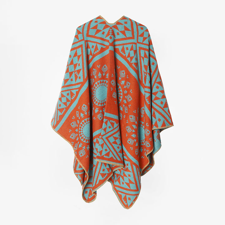 Damen Gewebter Jacquard‑Poncho mit Ethno‑Geometrischem Muster – Avérine