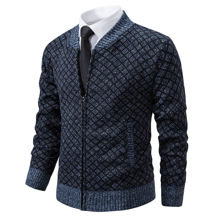 Herren Taillierter Jacquard-Zip-Cardigan mit Diamantstruktur und Eingrifftaschen Echo Archiv
