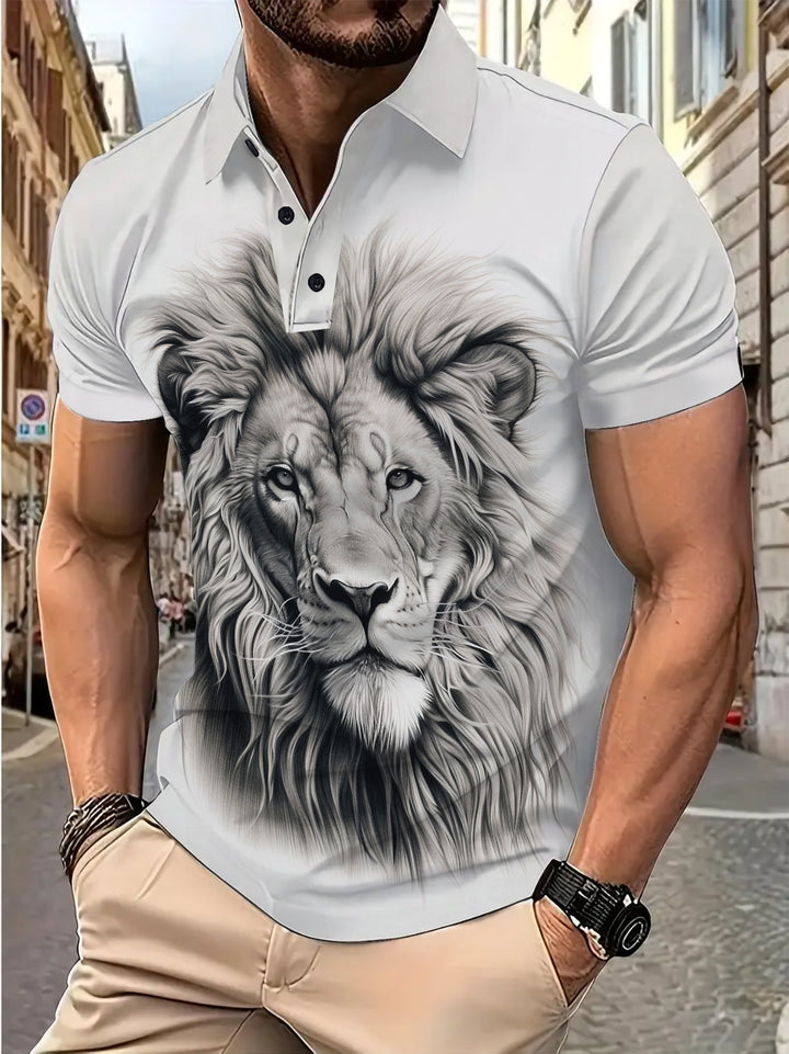 Herren Poloshirt mit kunstvollem Löwenmotiv und hochwertigem Baumwollmix Echoarchiv