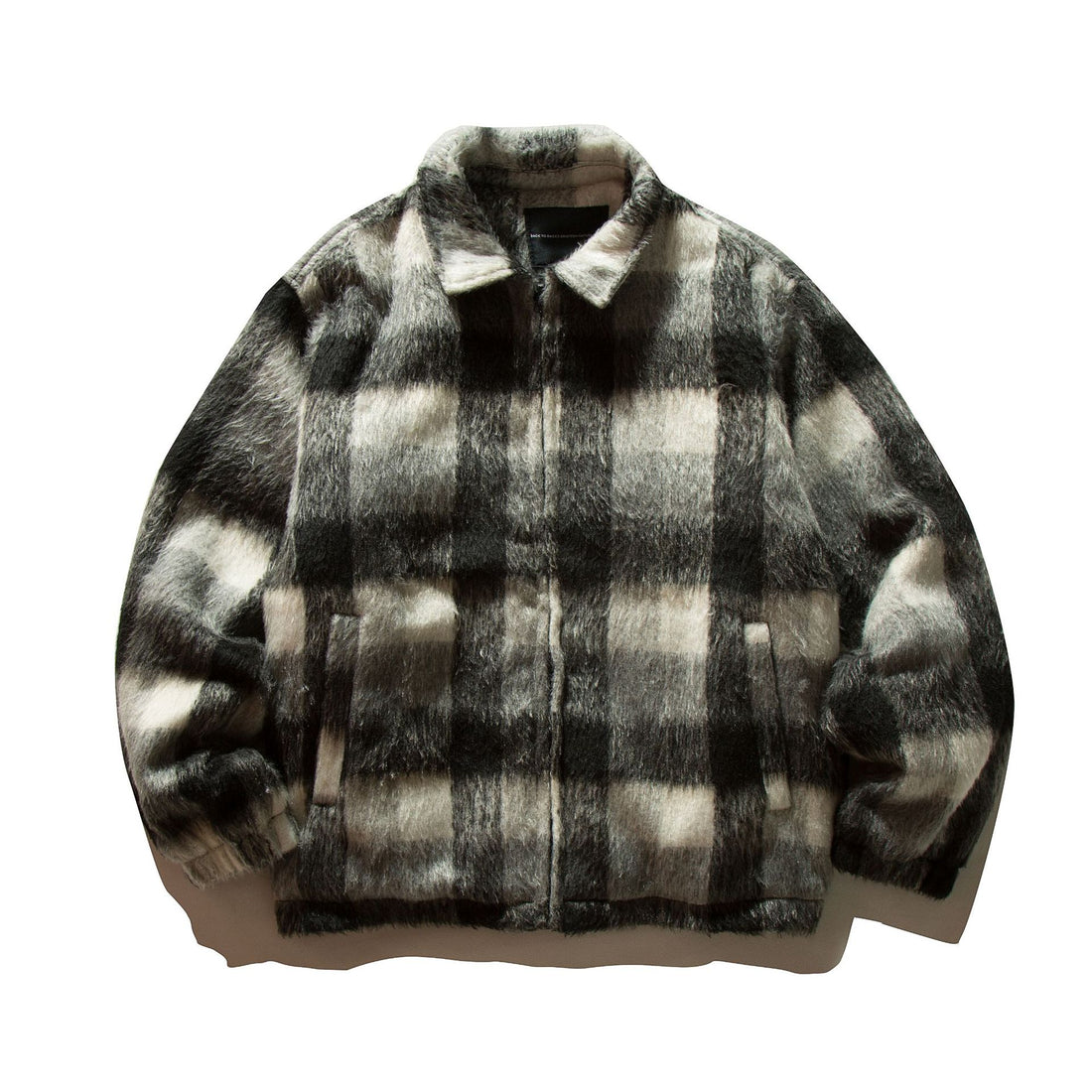Unisex Kurz geschnittene karierte Fellimitat-Blousonjacke mit Stehkragen und verdecktem Reißverschluss Echoarchiv
