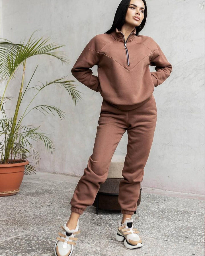 Damen Zweiteiliges Sweat-Loungewear-Set mit Troyer-Reißverschluss und elastischer Jogginghose Echoarchiv
