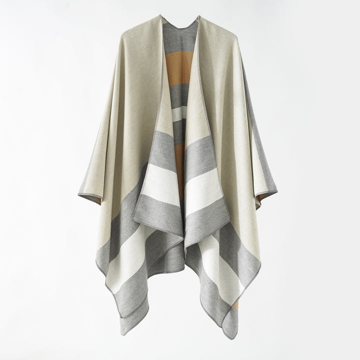 Damen Oversize-Ruana im Cape‑Stil aus Wolloptik mit geometrischen Blockstreifen Echo Archiv