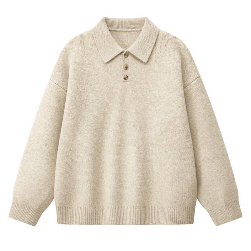 Damen Oversize Polokragen-Strickpullover mit Knopfleiste und geripptem Saum Echoarchiv