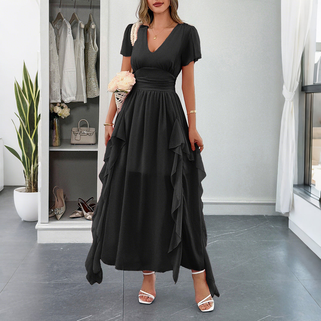 Damen Maxi-Kleid mit fließendem Rüschendesign und V-Ausschnitt Echo Archiv
