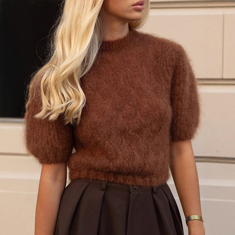 Damen Flauschiger Kurzgeschnittener Mohair-Mix Pullover mit Kurzärmeln und Stehkragen Echoarchiv
