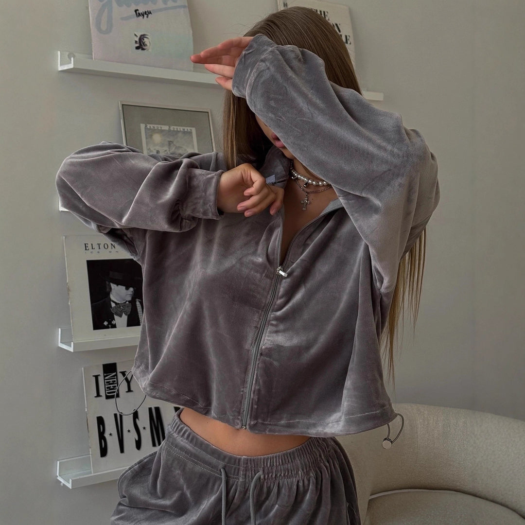 Damen Samt-Loungewear-Set mit kurzem Reißverschluss-Sweater und weitem Kordelzug-Hose – Avérine