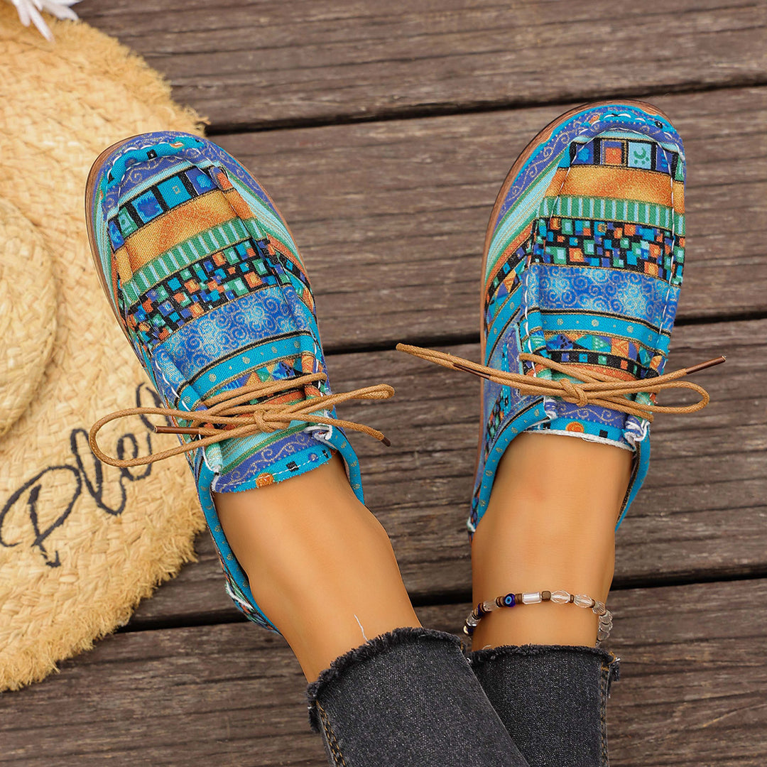 Damen bunte gemusterte Canvas-Schnürschuhe mit leichter Plateau-Sohle Echo Archiv