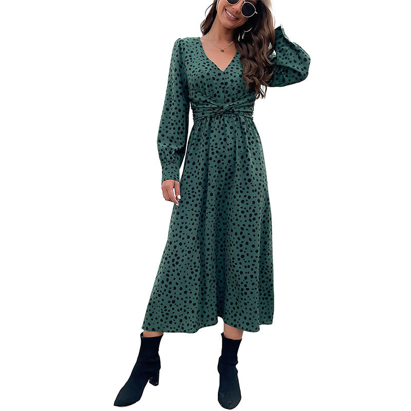 Damen Midikleid im Retro-Pünktchen-Design mit Wickeloptik, V-Ausschnitt und tailliertem Bindegürtel Echoarchiv
