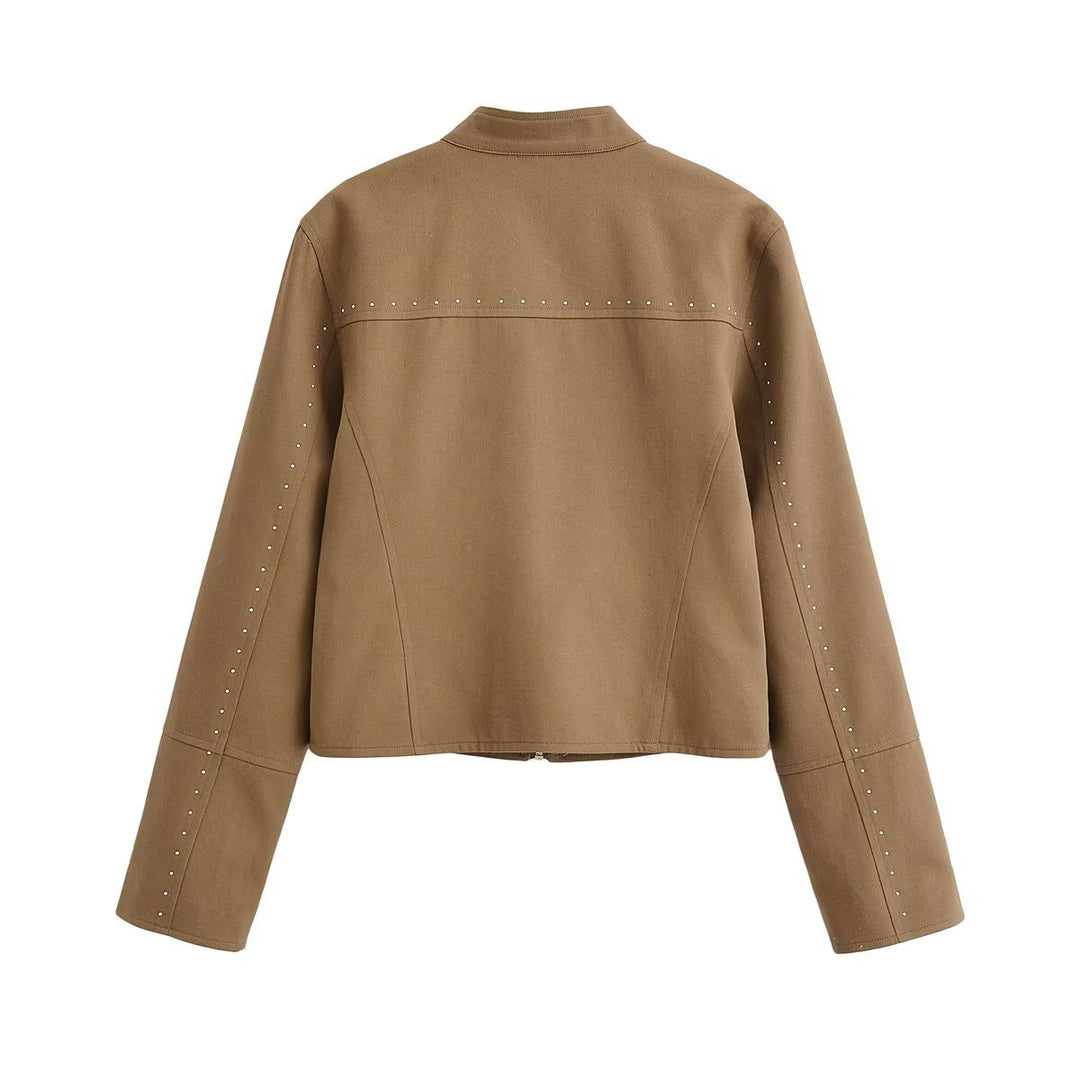 Damen Kurzblouson im Velourslook mit Stehkragen, Reißverschluss und Ziernieten Echoarchiv