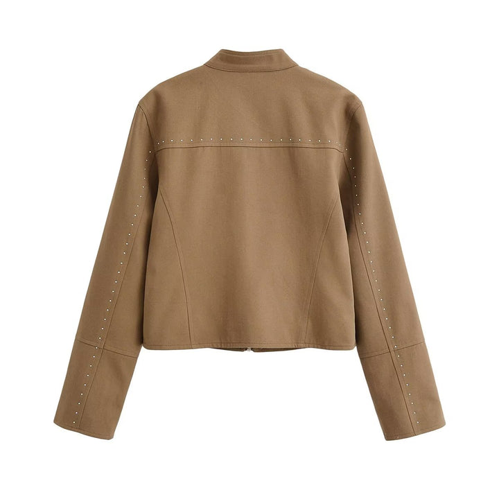 Damen Kurzblouson im Velourslook mit Stehkragen, Reißverschluss und Ziernieten Echoarchiv