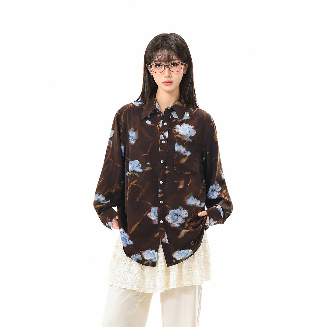 Damen Oversize-Hemdbluse mit abstraktem Blumenprint und aufgesetzter Brusttasche Echoarchiv