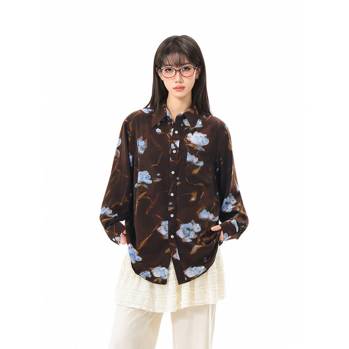 Damen Oversize-Hemdbluse mit abstraktem Blumenprint und aufgesetzter Brusttasche Echoarchiv