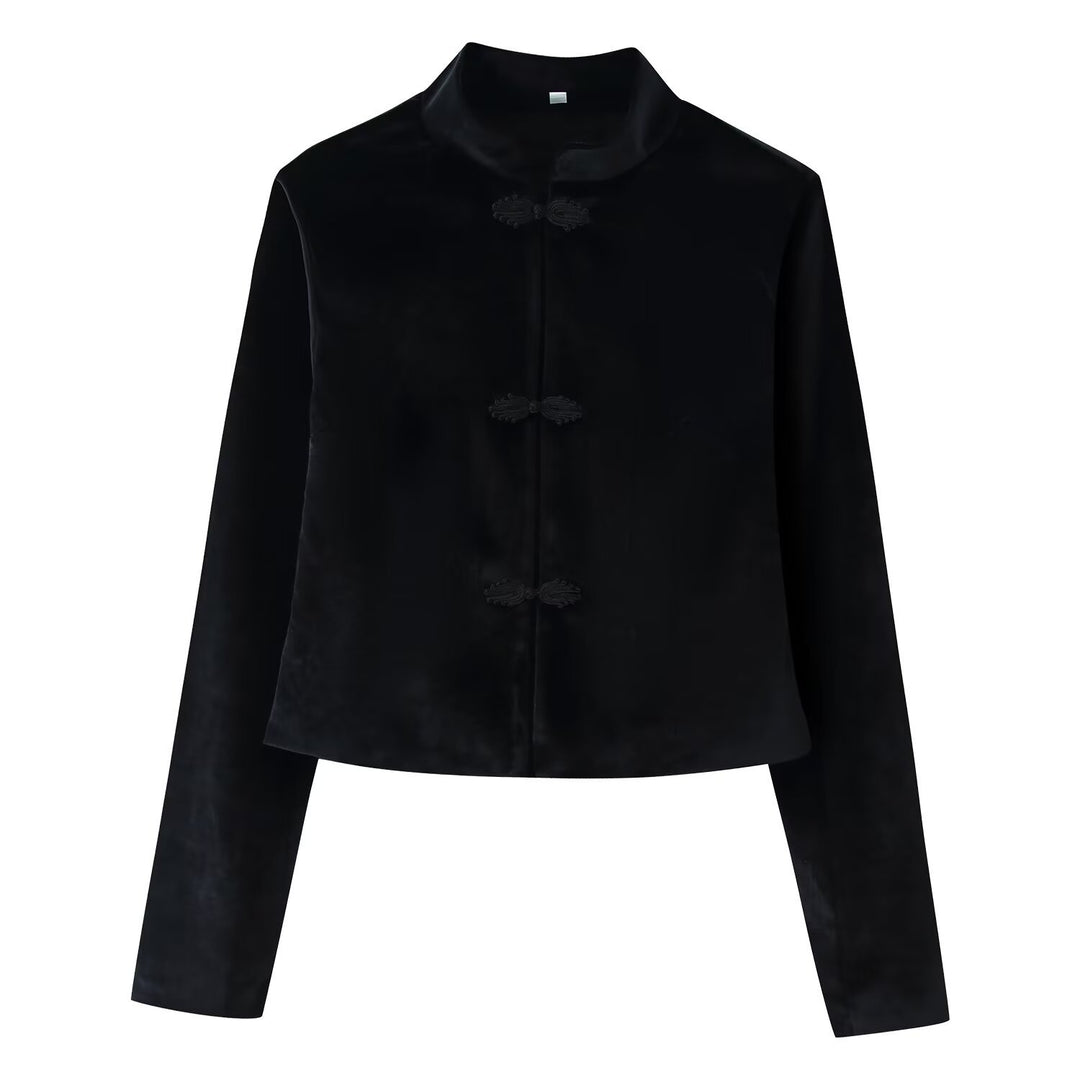 Damen Kurze Jacke im Mandarin‑Stil mit Stehkragen und dekorativen Froschverschlüssen Echoarchiv