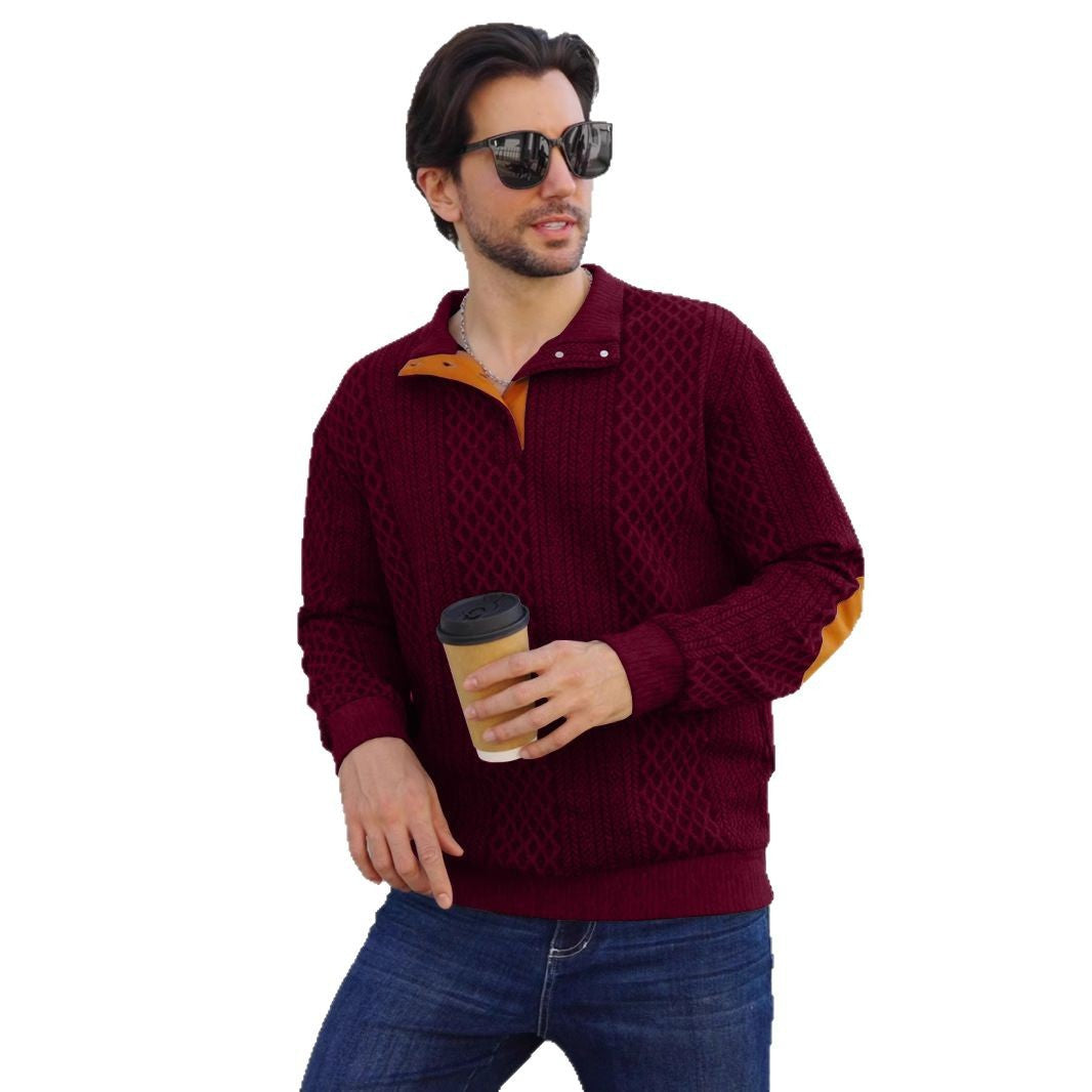 Herren nan strukturierter Henley-Pullover mit Stehkragen, Knopfleiste und Lederoptik-Ellbogenbesatz Echo Archiv