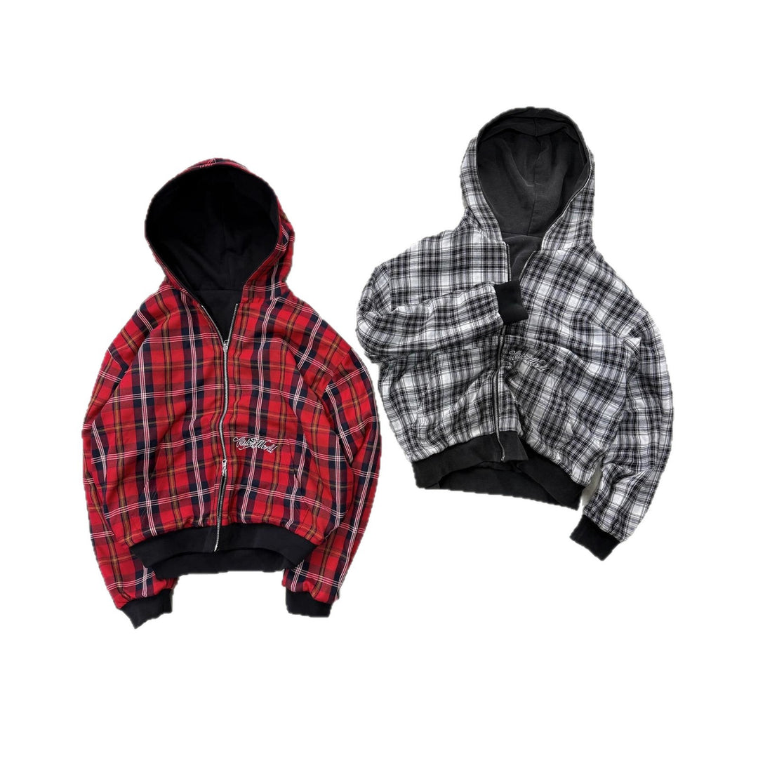Unisex nan wendbare Kapuzenjacke mit kariertem Innenfutter, durchgehendem Reißverschluss und Kängurutasche Echo Archiv