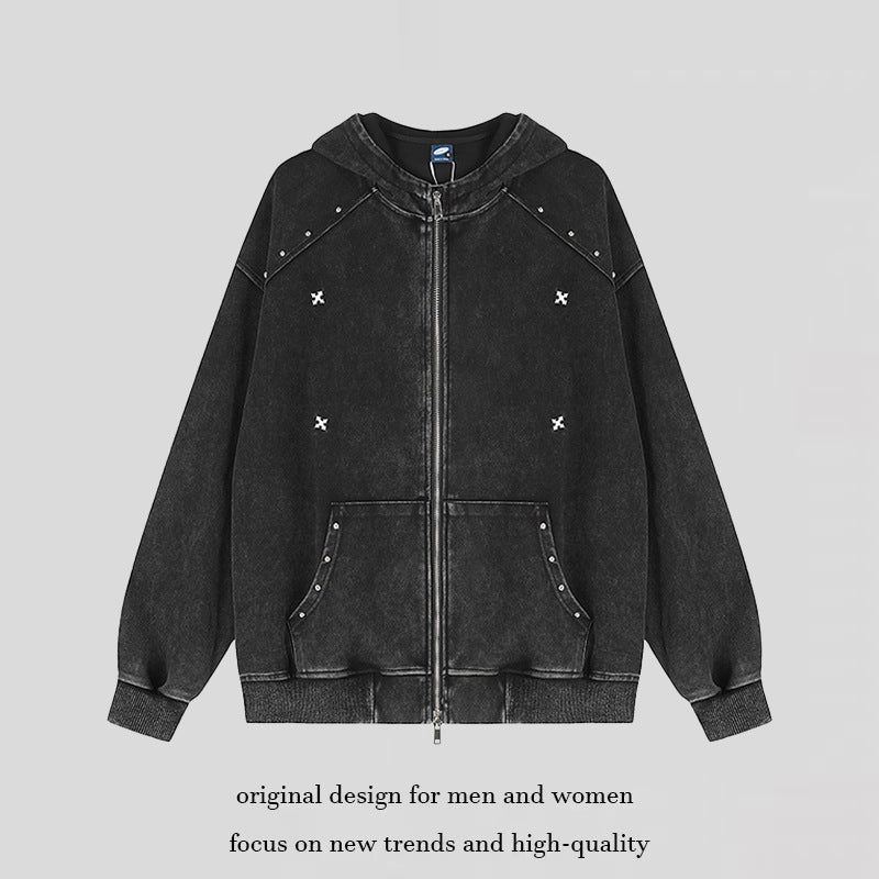 Unisex Oversize-Kapuzen-Zipjacke mit Vintage-Waschung, Metallnieten und Kängurutasche Echoarchiv
