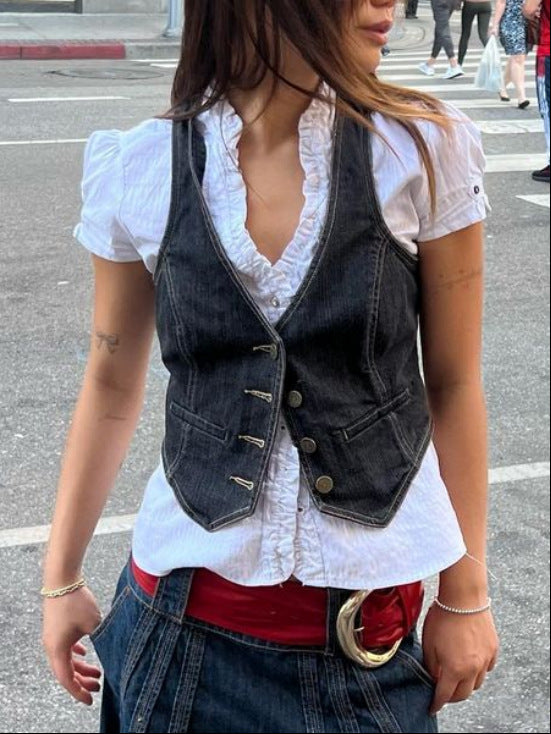 Damen Denim-Weste mit feinen Knopfdetails und praktischen Taschen Echo Archiv