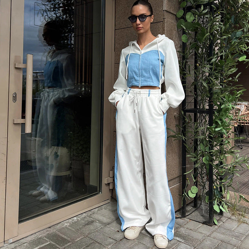 Damen nan zweiteiliges Cropped-Hoodie-Set mit Reißverschluss, elastischem Komfortbund und weitem Seitenstreifen-Hose Echo Archiv