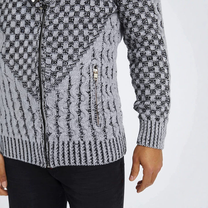 Herren Grobstrick-Cardigan mit asymmetrischem Wickelkragen und Reißverschluss Echo Archiv
