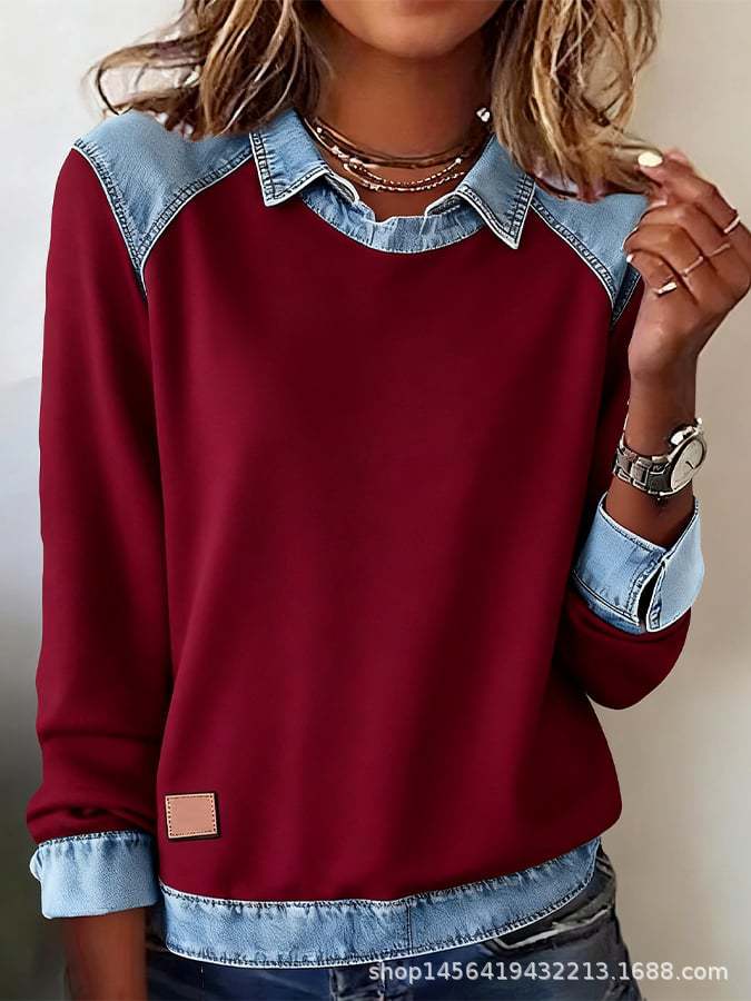 Damen nan gerippter Strickpullover mit Jeanskragen und Knopfleiste Echo Archiv