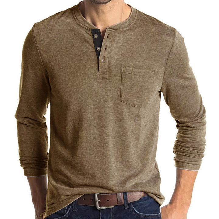 Herren Langarmshirt mit modernem Henley-Kragen und Brusttasche Echoarchiv