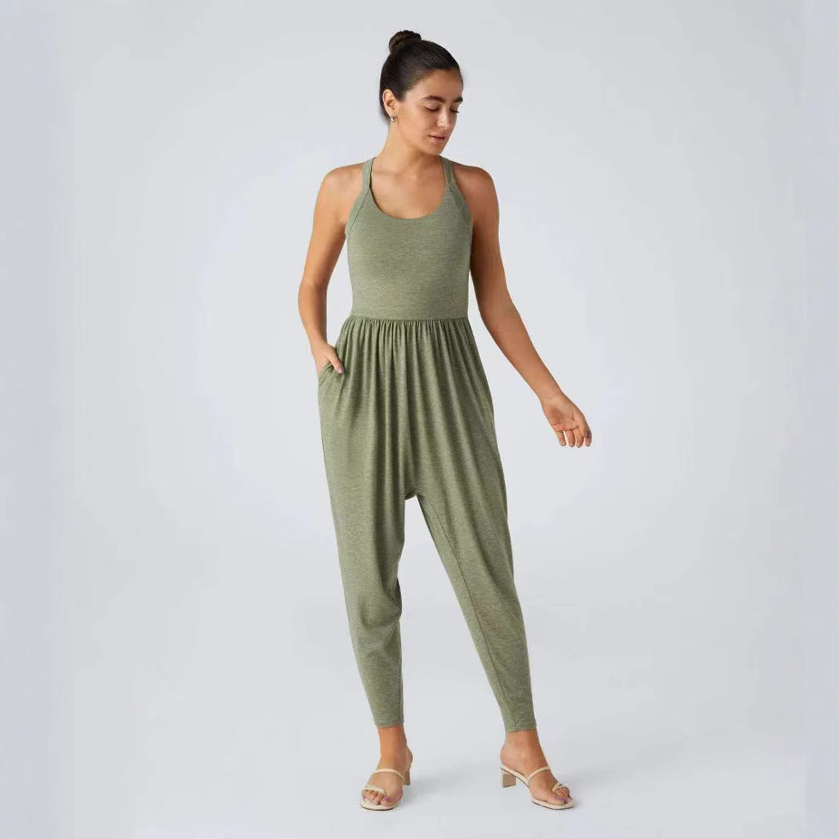 Damen nan lässiger Jersey-Overall mit Racerback, smockierter Taille und seitlichen Eingrifftaschen Echo Archiv