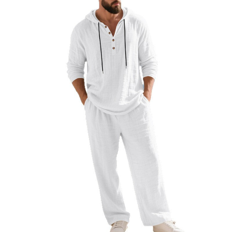 Herren nan lässiges Leinenzweiteiler-Set mit Kapuzenhemd im Henley-Stil und weiten Freizeit-Hosen Echo Archiv