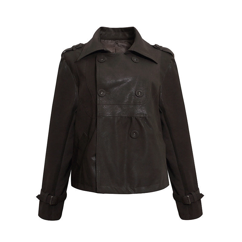 Damen Cropped Doppelreihige Lederjacke im Trenchstil mit Schulterklappen Echoarchiv