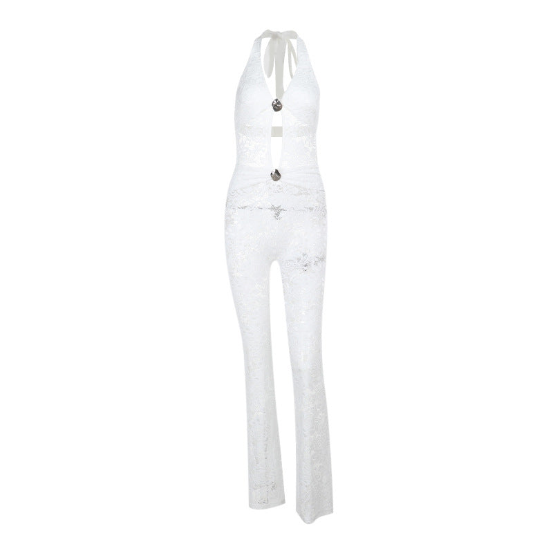 Damen Jumpsuit mit elegantem Spitzendetail und tiefem V-Ausschnitt Echo Archiv