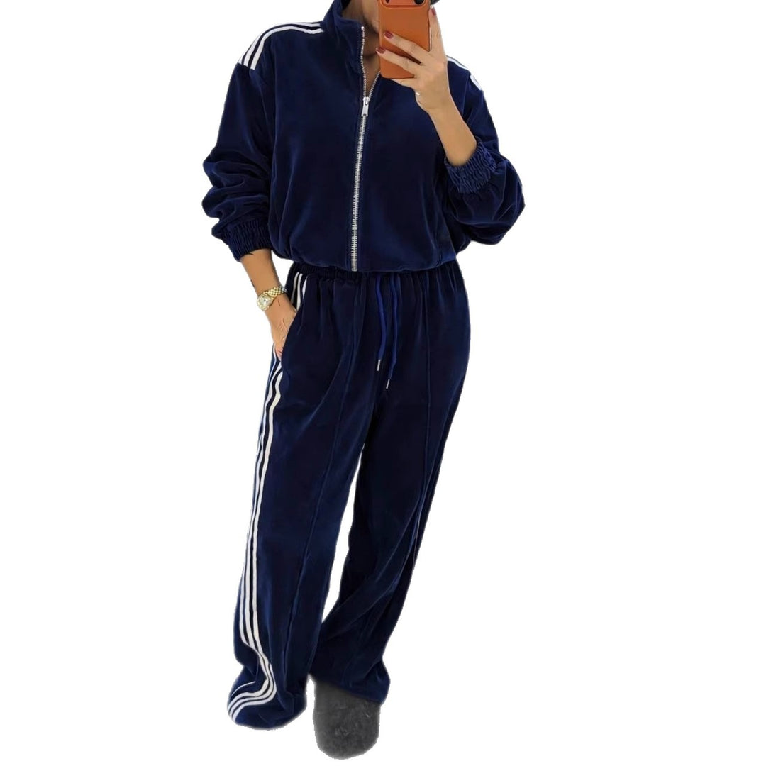 Damen luxuriöses Velours-Trainingsanzug-Set mit Stehkragen und Kordelzug – Avérine
