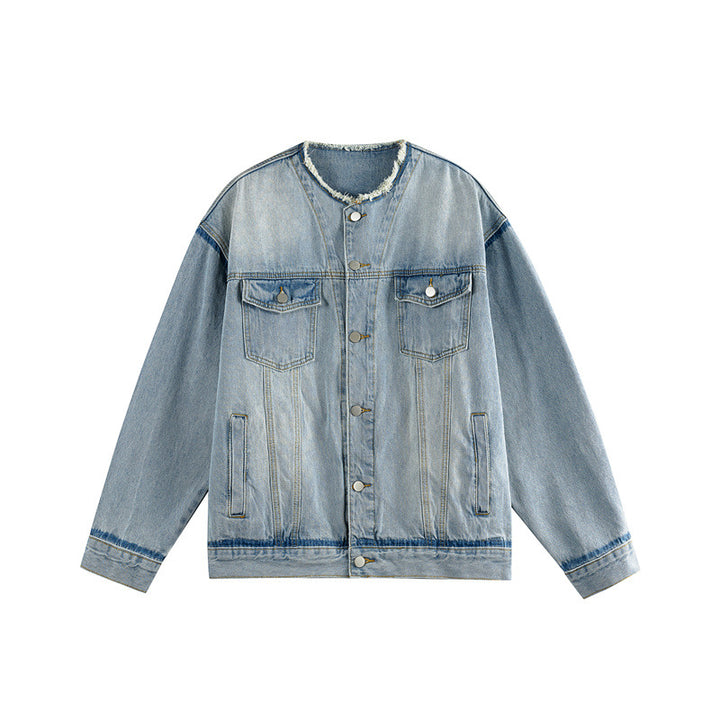 Herren Oversize-Denimblouson ohne Kragen mit rohem Halsausschnitt und Pattentaschen Echoarchiv