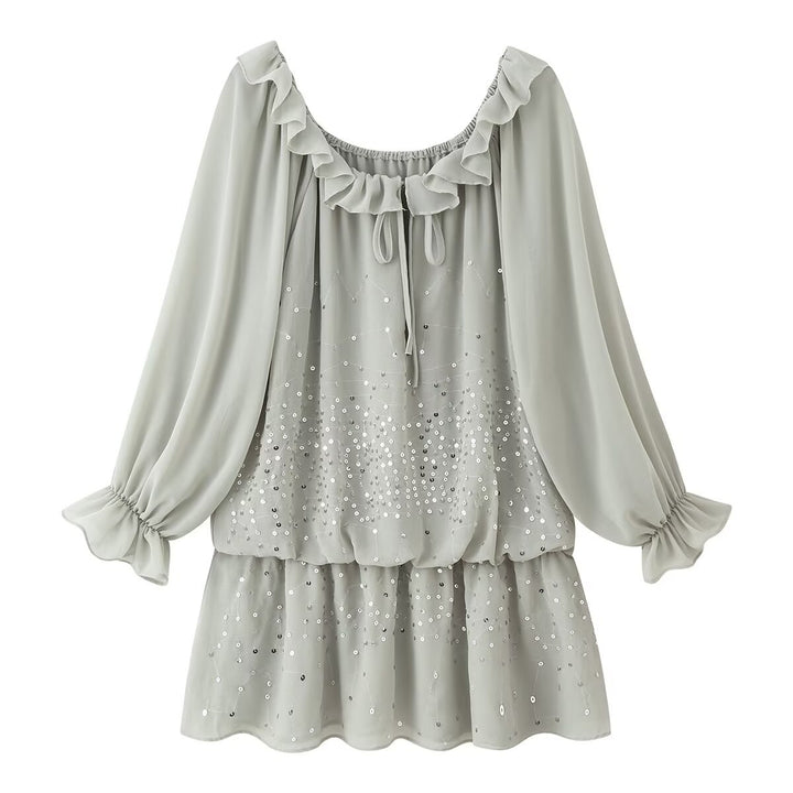 Damen Romantisches Volant‑Chiffon‑Minikleid mit Paillettenbesatz Echoarchiv