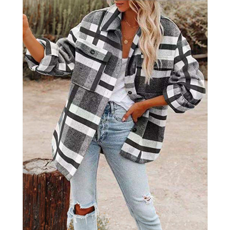 Damen Oversize-Karo-Hemdjacke mit Brusttaschen und weichem Flanell Echoarchiv