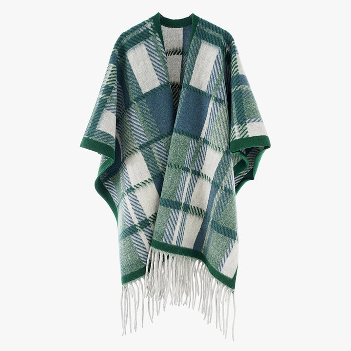 Damen Oversize-Wollmix-Poncho mit Karomuster und Fransensaum Echo Archiv