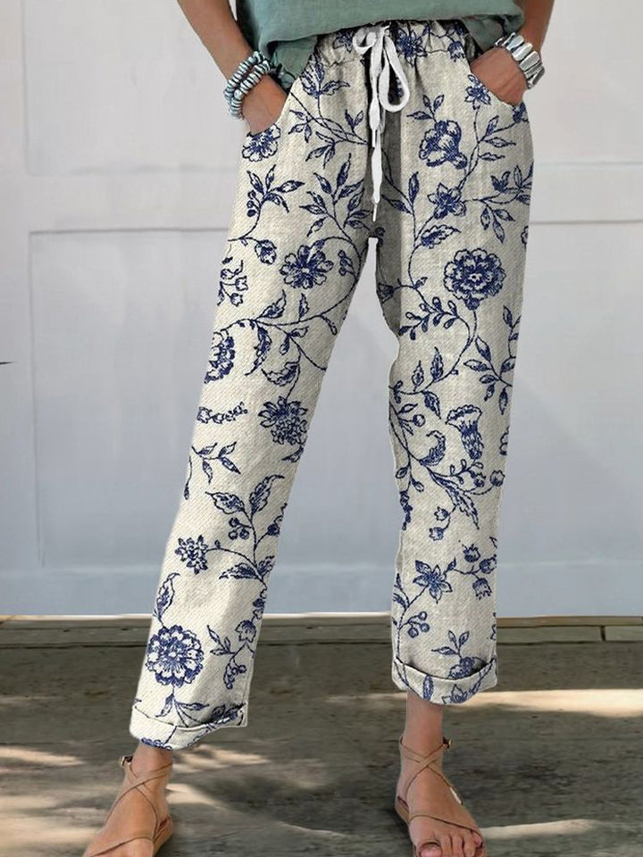 Damen Leinenoptik-Hose mit floralem Print, weitem Bein und Tunnelzug – Avélisse