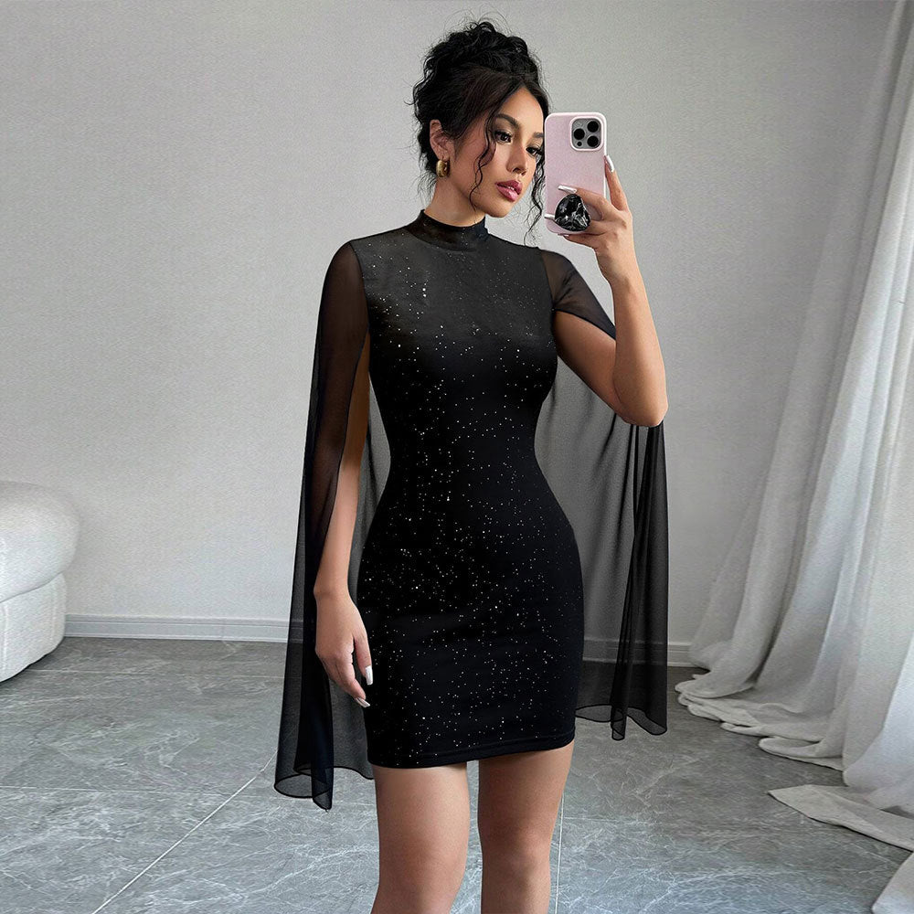 Damen figurbetontes Minikleid mit fließenden Cape-Ärmeln und funkelnder Punktverzierung – Élara