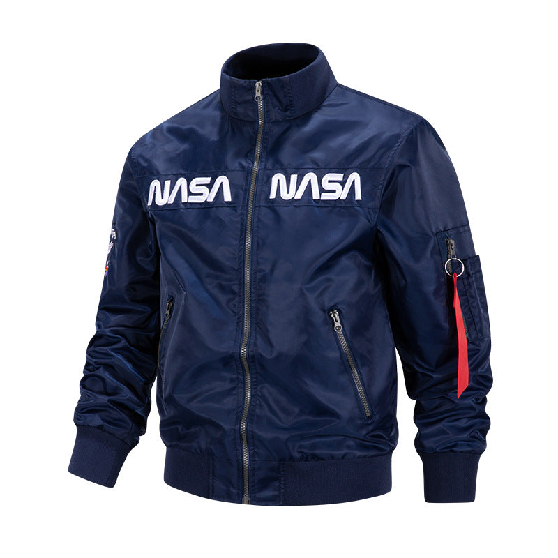 Men's metallic pilot-style zip-up bomber jacket with embroidered chest panels and angled zip hand pockets – Brevano