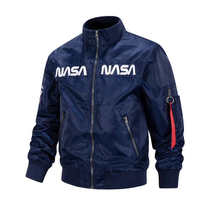 Men's metallic pilot-style zip-up bomber jacket with embroidered chest panels and angled zip hand pockets – Brevano