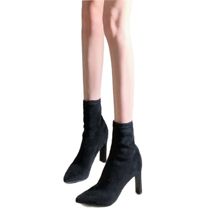 Damen spitz zulaufende Stiefeletten mit Sock-Top und skulpturiertem Stiletto-Absatz – Varelle