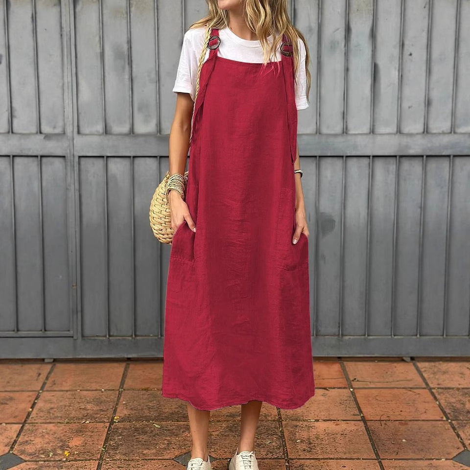 Damen Lässiges Leinen-Latzkleid mit praktischen Seitentaschen und verstellbaren Trägern Echoarchiv