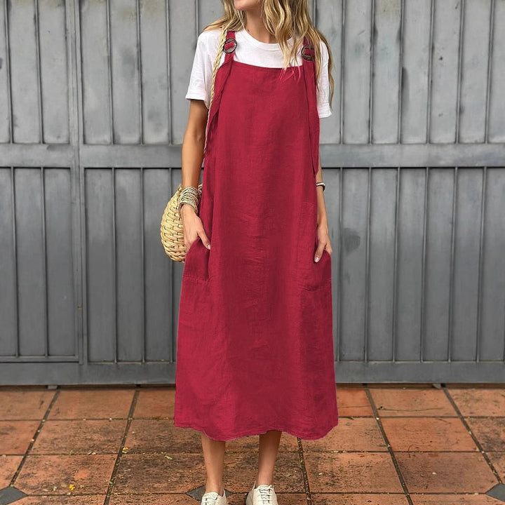 Damen Lässiges Leinen-Latzkleid mit praktischen Seitentaschen und verstellbaren Trägern Echoarchiv