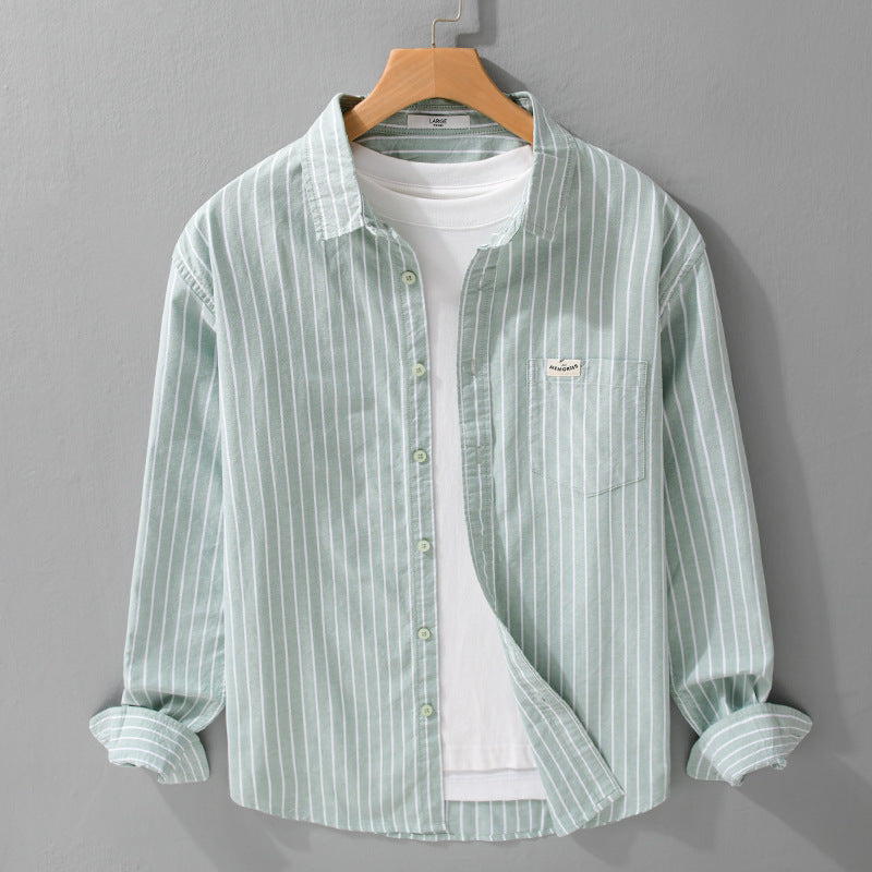 Herren Gestreiftes Layering-Overshirt aus softem Baumwollmix mit Kentkragen und aufgesetzter Brusttasche Echoarchiv
