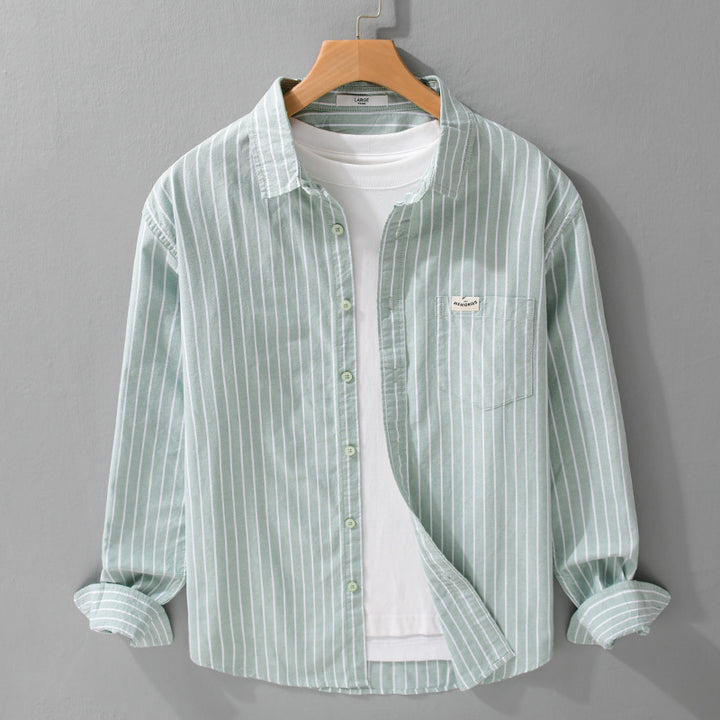Herren Gestreiftes Layering-Overshirt aus softem Baumwollmix mit Kentkragen und aufgesetzter Brusttasche Echoarchiv
